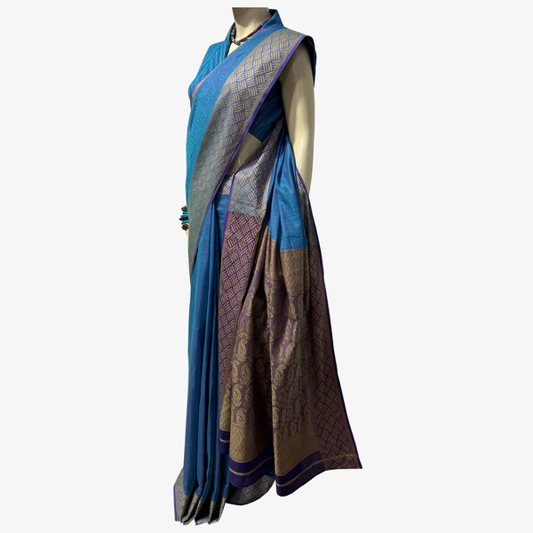Bluejay With Curry Achal Special Belkuchi Sari with Blouse Piece