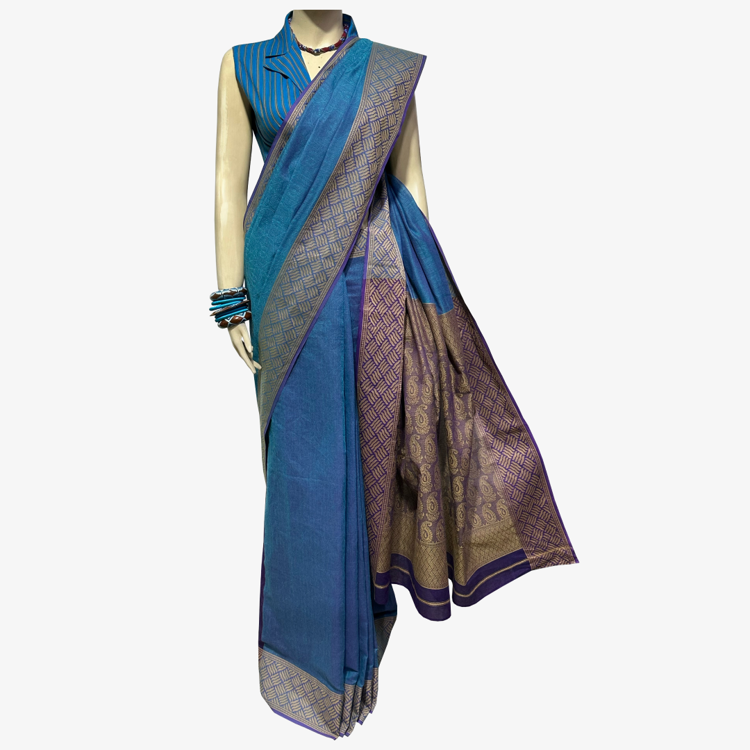 Bluejay With Curry Achal Special Belkuchi Sari with Blouse Piece